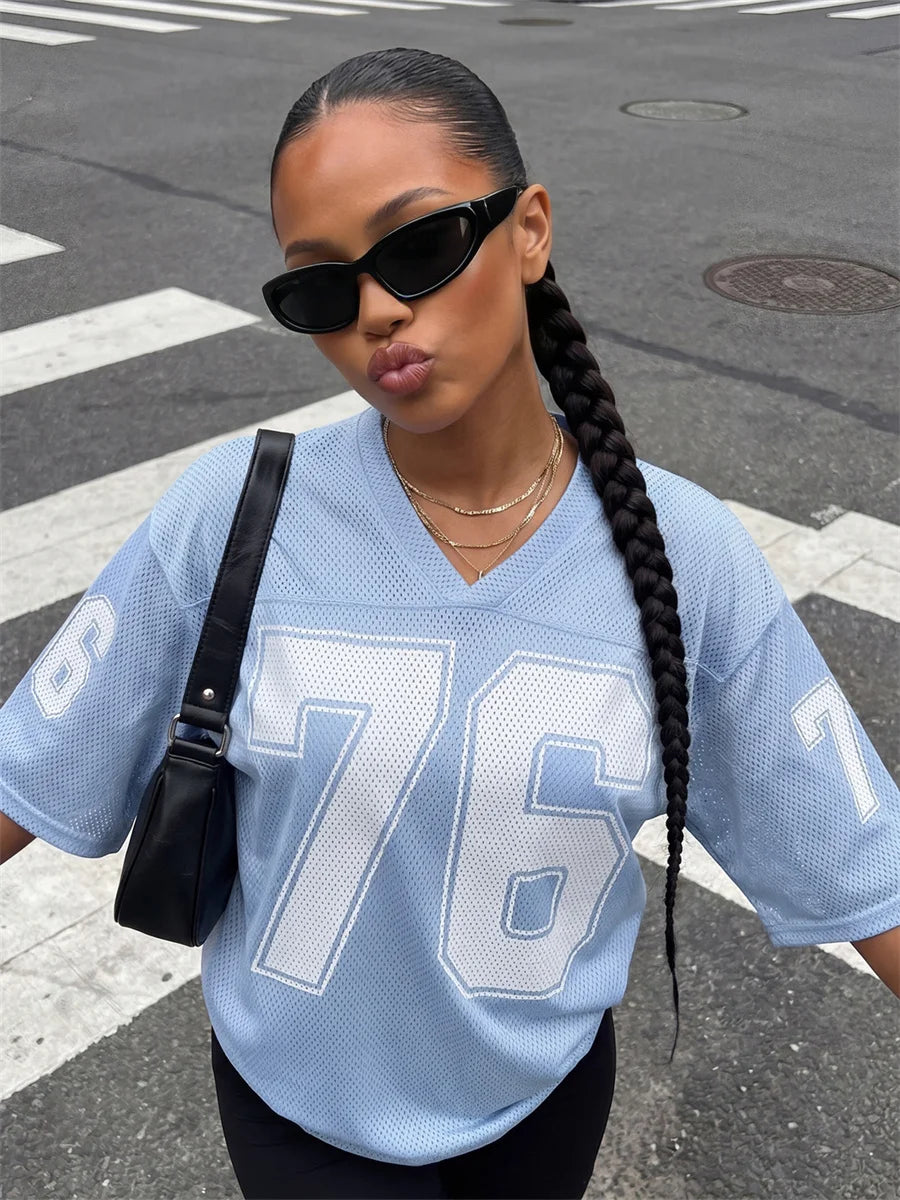Womens Sporty Jersey Shirts Graphic Number Print Short Sleeve V Neck Loose Fit Tee Tops Summer Casual T-shirt Streetwear