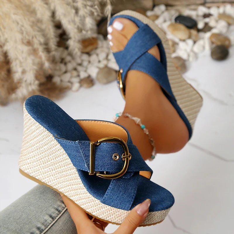 Denim Cross Stap Wedge Heeled Sandals Women Summer Peep Toe Chunky Heel Slippers Woman Plus Size 43 Slip On Platform Sandles