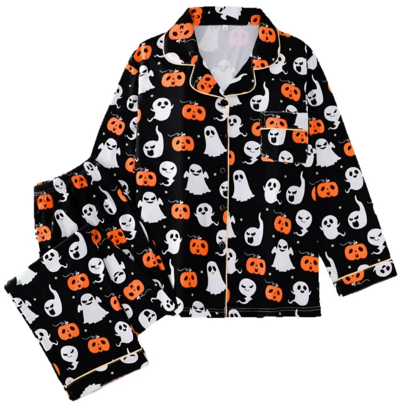 Women Halloween Pajamas Lounge Set Pumpkin/Skull Print Long Sleeve Tops and Pants 2 Piece Loungewear Outfits Clothes for Women