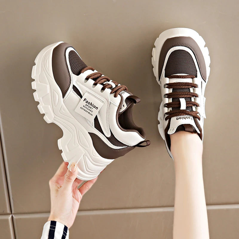 Fashion Lace Up Chunky Sneakers for Women Comfort Breathable Platform Sports Shoes Woman Pu Leather Thick Bottom Running Shoes