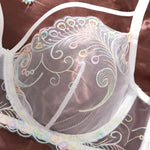 White Iridescent Peacock Feather Embroidered Lace Bra and Panty Set Women Sexy Sheer Mesh Underwear Two Piece