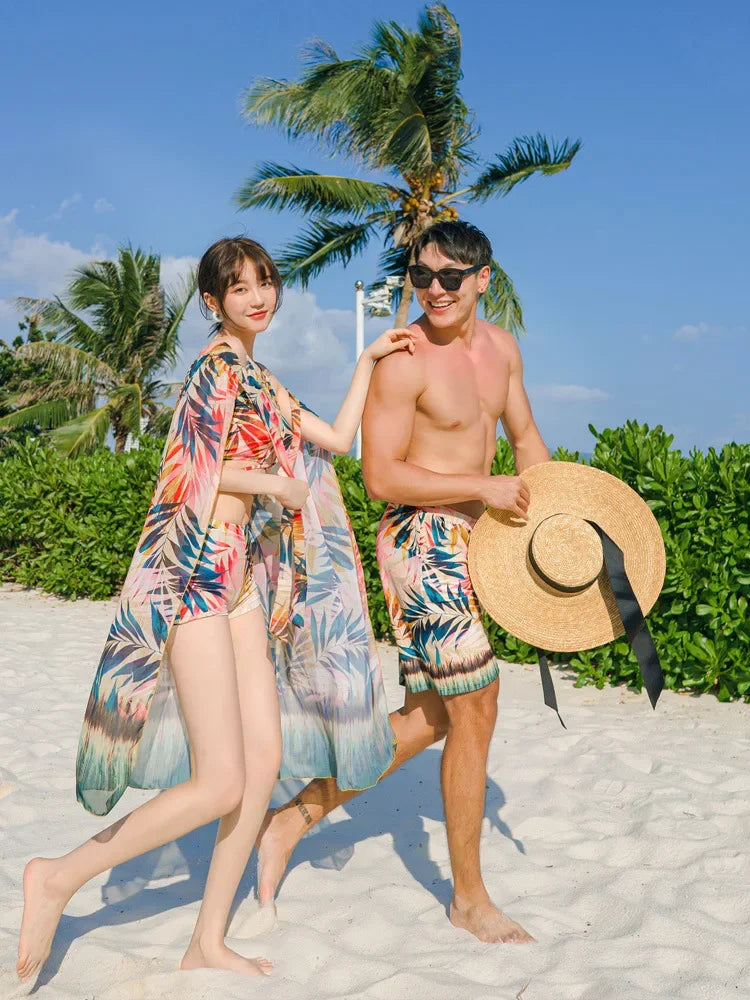Print High Waist High Neck Swimsuit 3 Pcs Bikini Set Women Men's Swim Shorts Summer Surfing Suit Couples Bathing Suit Holiday