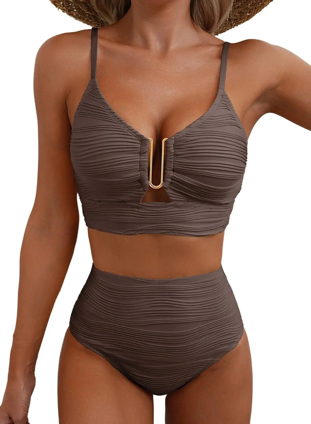 Women's New Swimsuit Bikini Set Fashion Sexy V-neck Hollow Swimsuit High Waist Textured Ruffled Swimsuit Women's Bikini Women