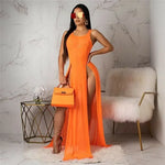 Summer Bikini Cover Up Women Beach Sundress Sexy Mesh Sheer Long Dress Solid See-through Sleeveless Strap Beach Dress