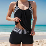 Women's Conservative 2 Piece Swimsuit Black Stripe Print Patchwork Tankini Bikini Set Suspender Cross Backless Bathing Suit 2025