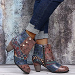 Ankle Boots Women Autumn PU Women's Shoes Ethnic Waterproof Casual Vintage Shoes Zipper High Heel Short Boots Botas Mujer