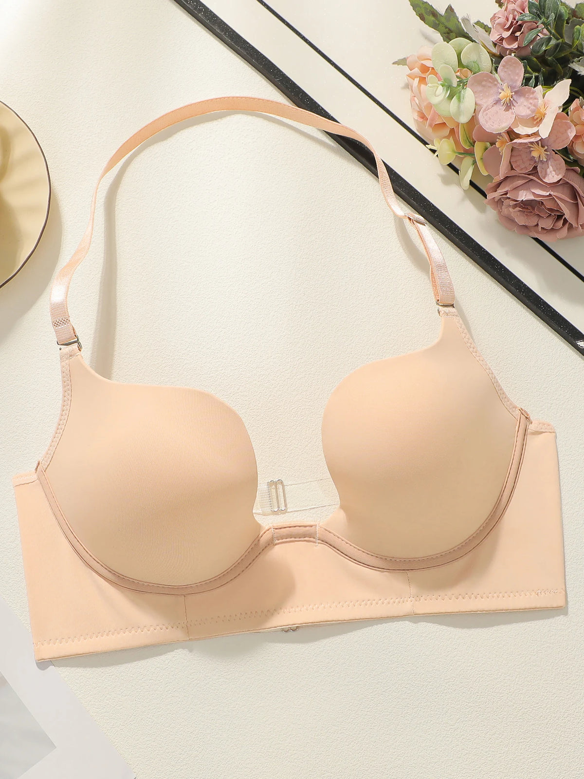 Women's neck hanging buckle sexy deep U-cup bra with steel ring gathering push up shoulder strap adjustable underwear MR3464