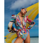 One Piece Swimsuit Sexy Long Sleeve Tropical Print Swimwear Women Bandage Monokini Hollow Out Bathing Suit String Beachwear 2023