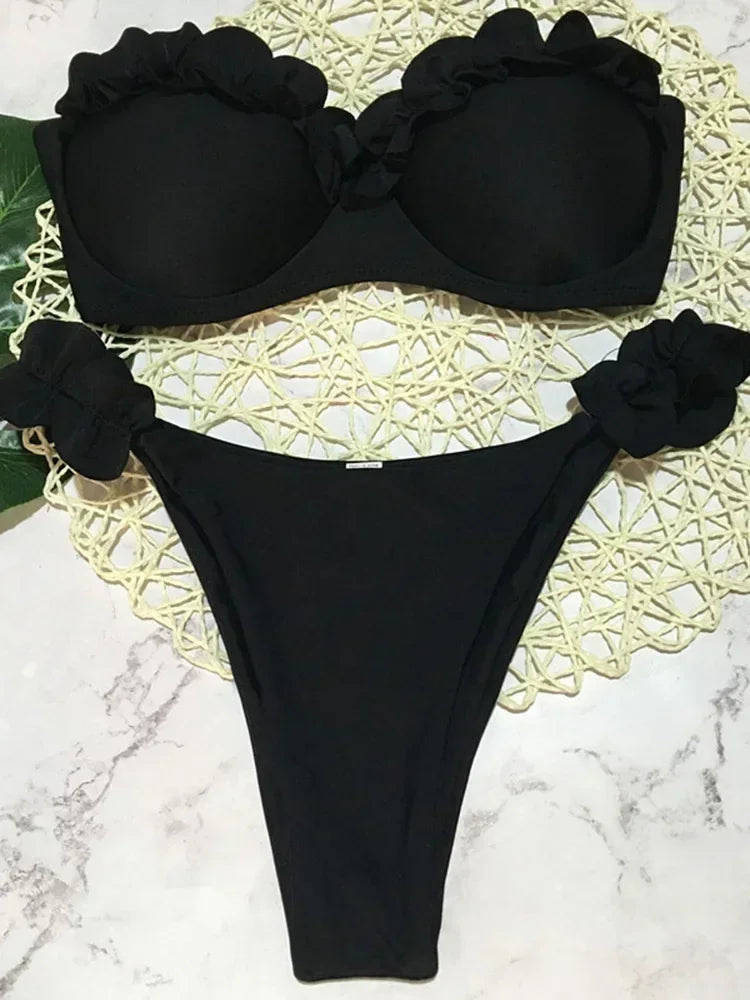 Leopard Ruffled Bra Cup Bikini 2025 Women Bandeau Swimsuit Female Swimwear Two Pieces Bikini Set Push Up Bathing Suit Swim Lady