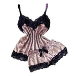 Summer Lace Sleepwear Sexy Satin Pajamas Set Women Nightshirt 2 Pieces Crop Tops and Shorts Set Homewear Loungewear