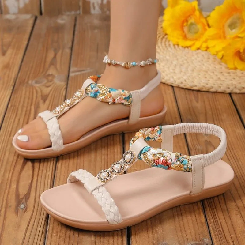 Summer Crystal Weave Flats Women Sandals Designer New Shoes Woman Fad Open Toe Flip Flops 2026 Trend Casual Slides