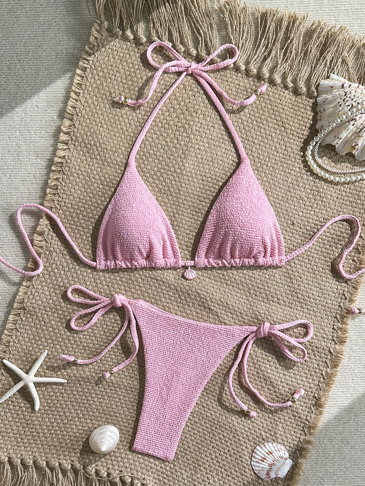Sexy Pink White Bikini Set 2026 Women Shell Ornament Push Up Tie Side Thong Swimsuit Summer Bathing Suit Holiday Micro Swimwear