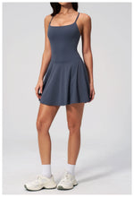Women Tennis Dress with Shorts Pocket Square Neck Hollow Back Sleeveless One Piece Sports Outfit Fitness Pleate Mini Dresses