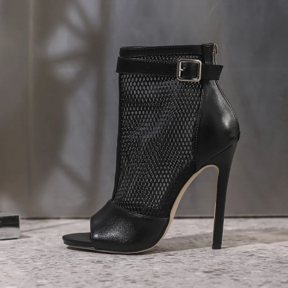 Design Peep Toe Hollow Out Mesh Ankle Boots Sandals Woman Sexy Nightclub Gladiator Peep Toe Thin High Heels Zipper Sandals