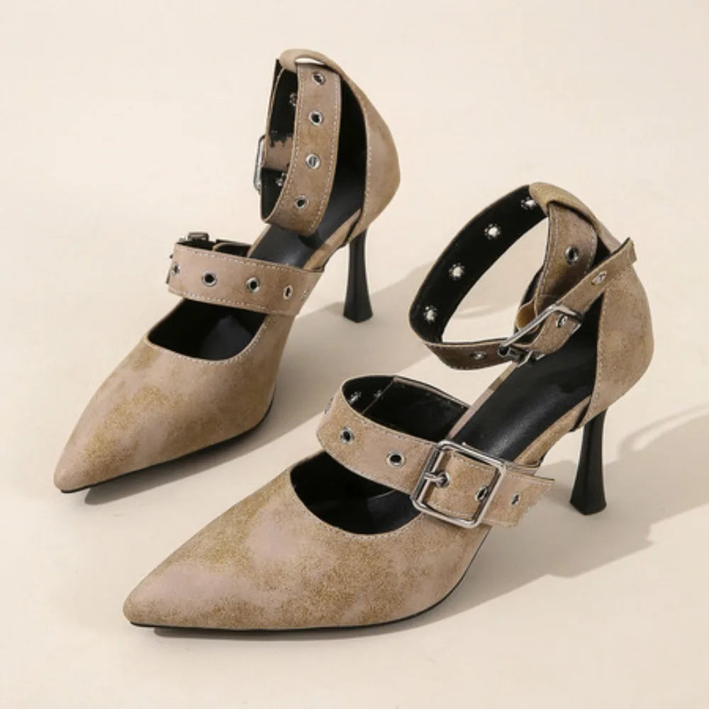 Black Punk Gothic High Heels Sexy Plus Size 34-45 Pointed Toe Fashion Buckle Rivet French Retro Women Pumps Wedding Sandals New