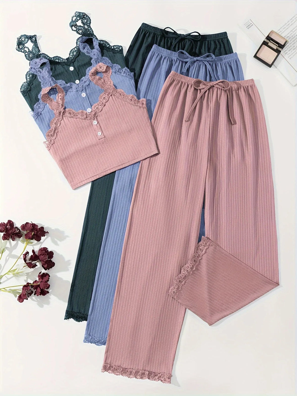 Women Ribbed Pajama Set Lace Trim Cami Top and Pants Sleepwear Soft Breathable Button Front Loungewear