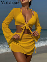9 Colors New Long Sleeve With Skirt Bikini Female Swimsuit Women Swimwear Four-pieces Bikini set Bather Bathing Suit Swim V6358P