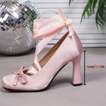 Brand Design Big Size 43 Sweet Pink Mary Jane Pumps Cross-tied Satin 9cm High Heels Ballet Shoes White Party Wedding Shoes Women