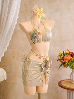 Sexy Beige 3D Flowers Embroidered Bikini Set 2026 Women Drawstring Cover Up 3 Piece Swimsuit Beach Bathing Suit Holiday Swimwear