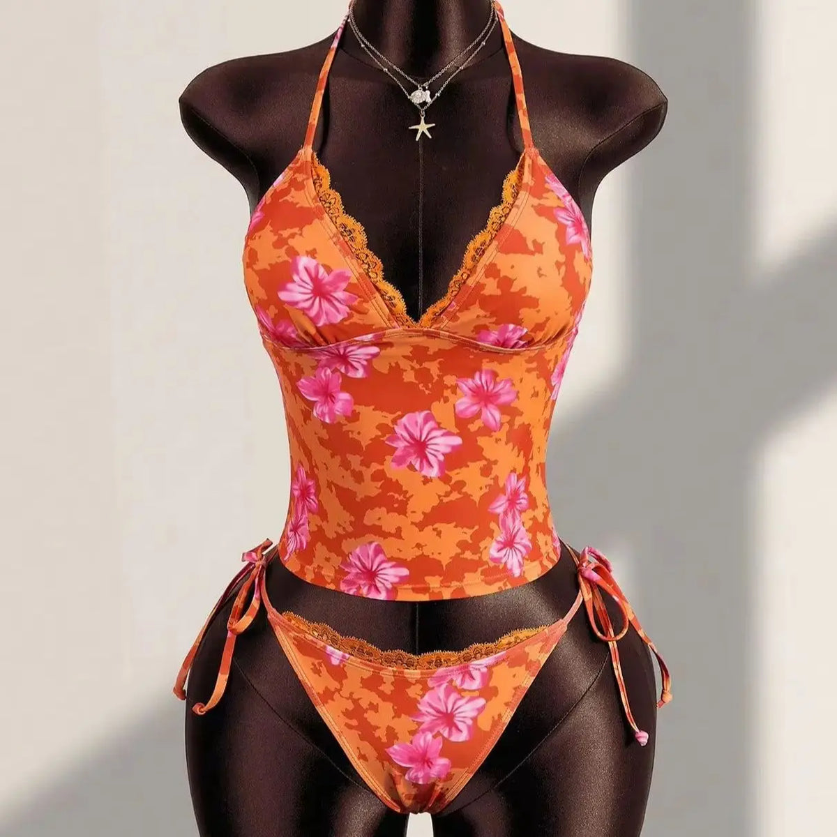 DEKA Women Strapped Print Swimwears Lace-up Bikini Set Halter V Neck Front Tie Cami Top Swim Lady Bathing Suit