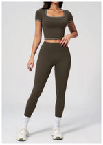 2PC Color Contrast Yoga Suit Women Short Sleeve Square Collar Slim Sports Top Fitness Suits Outdoor Exercise Leggings Tracksuit