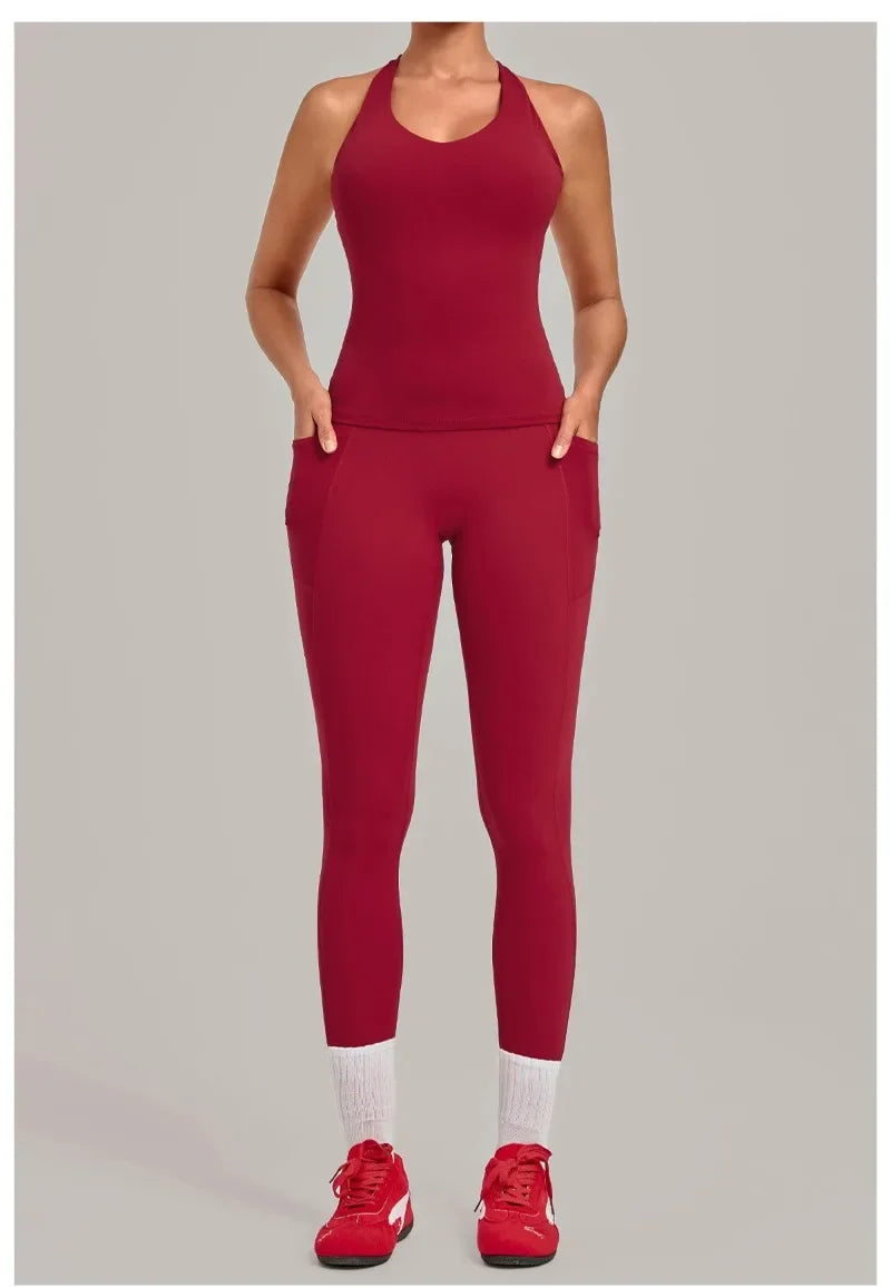 Women's Seamless Yoga Sets Sports Fitness Hip-lifting High Waist Pant Sleeveless Backless Suits Workout Running Leggings Sets