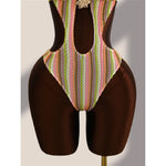 Striped Colorful Halter Cut Out One Piece Swimsuit Women Swimwear Female Monokini High Leg Cut Bather Bathing Suit Swim V8304