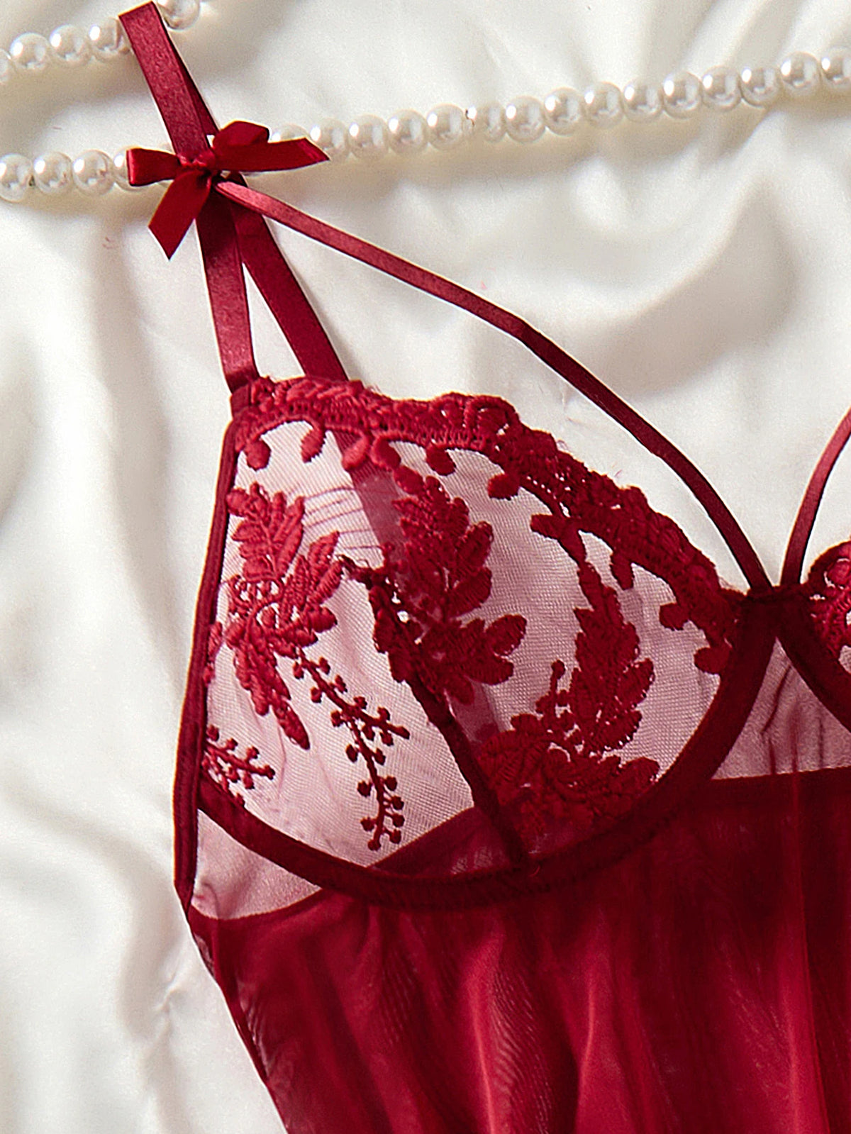 Ladies' Wine Red Countryside Style Wheat Ear Embroidery Semi Transparent Nightgown, Elegant and Comfortable, Bow Design ZA825066