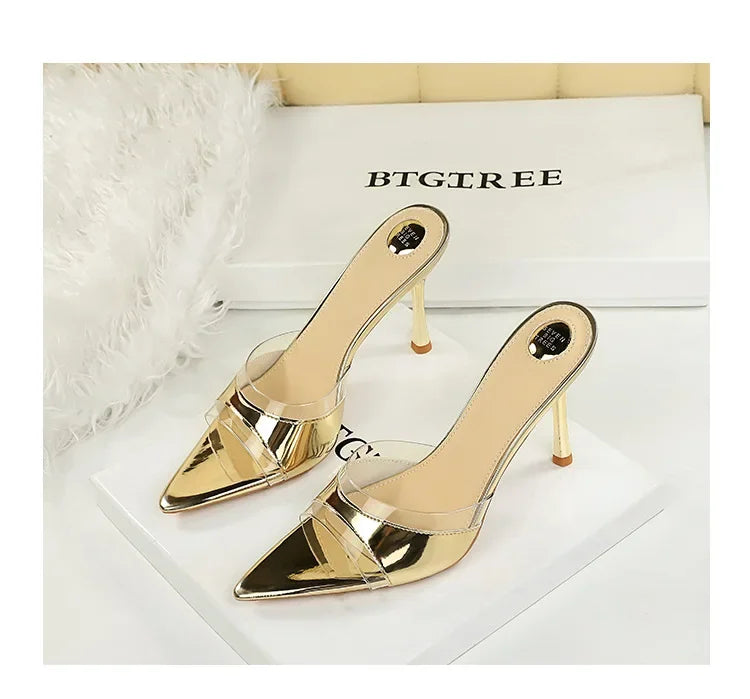 BIGTREE Shoes Women PVC Transparent Shoes for Women Sexy Pointed Open Toe Shallow Slider Slippers Ladies Sandal High Heels Mules