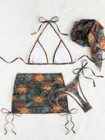 Sexy Abstract Sun Print Bikini Set 2025 Women Push Up Bra Mesh Skirt 4 Piece Swimsuit Summer Bathing Suit Holiday Swimwear