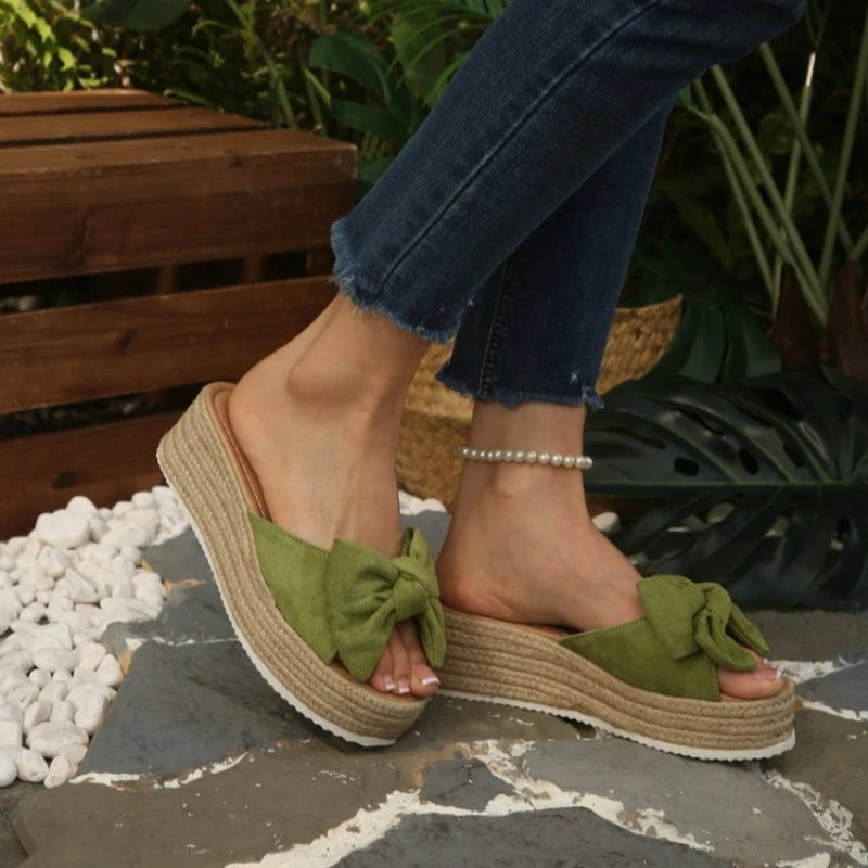 Summer New Large Size Slip-On Sandals Women's Thick Heel Outdoor Wear Butterfly Knot Flat Toe Open Beach Slippers