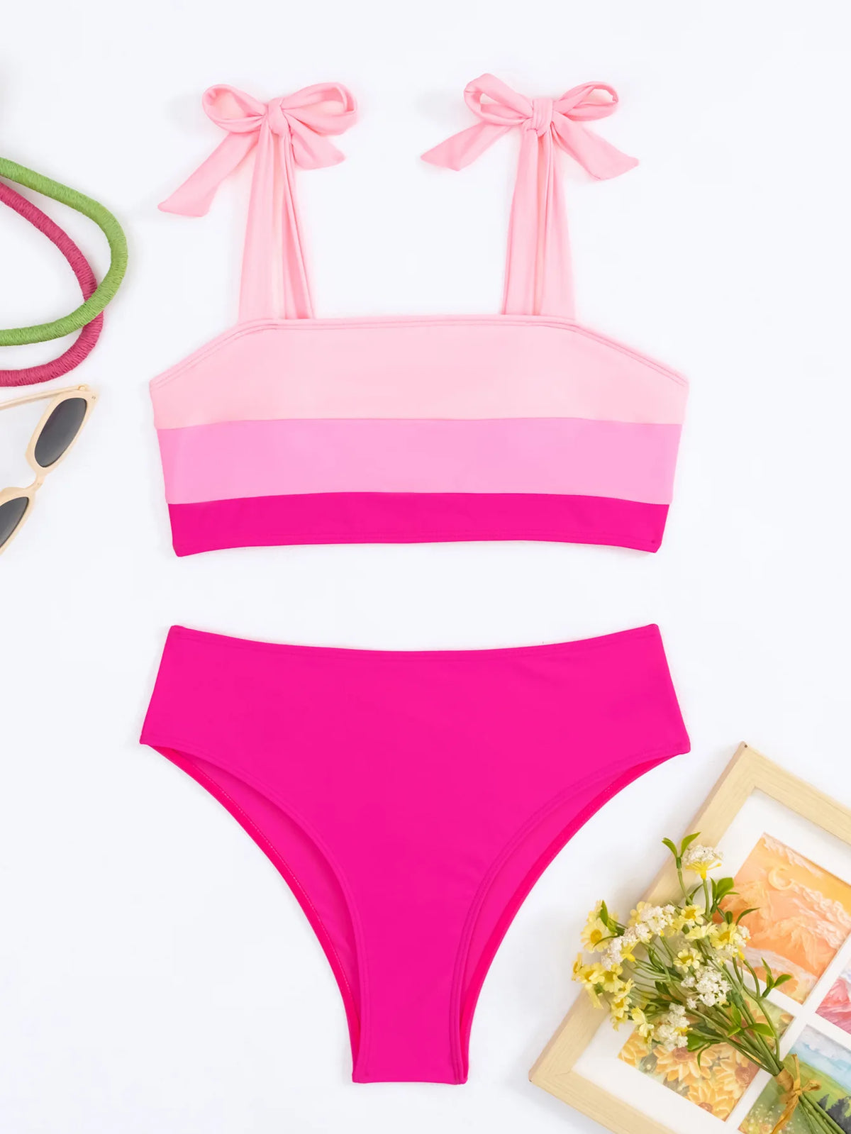 Sexy Tie Shoulder High Waist Bikinis Sets Two Pieces Pink Swimsuit Women Padded Swimwear Bandeau Brazilian Biquini Beach Wear