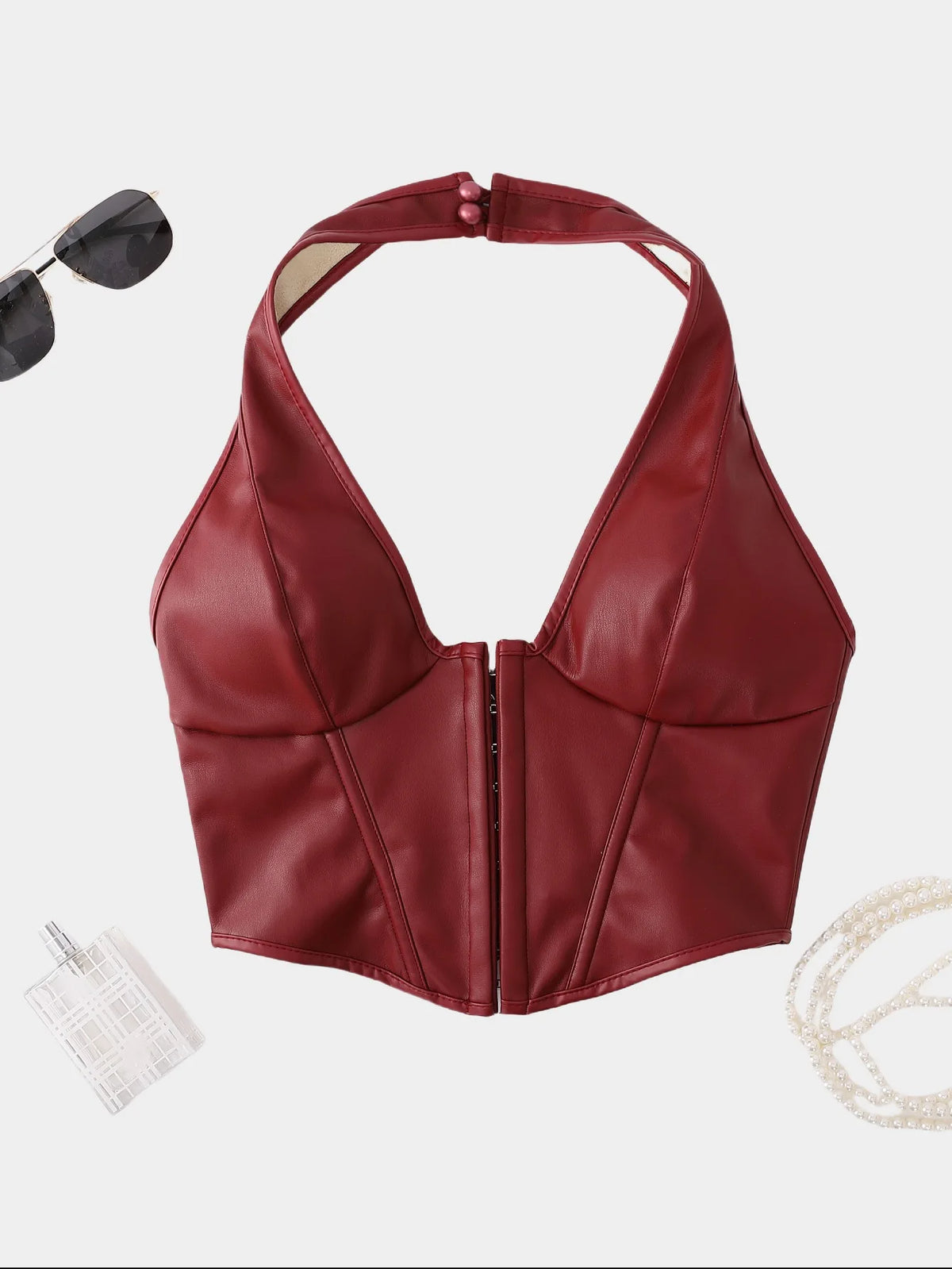 Pure Color Fishbone Shapewear Top Women's PU Leather Neck Buttoned Vest Market Style Underwear And Clothing