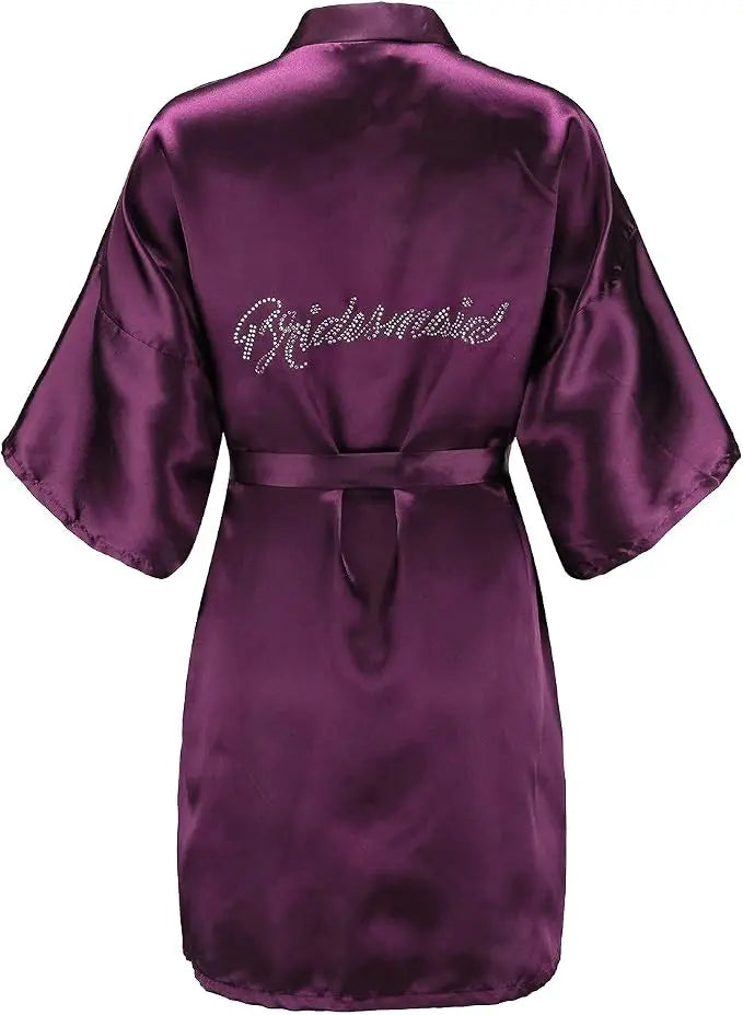 Women's Satin Kimono Robes with Rhinestones Bride Bridesmaid Short Getting Ready Wedding Dressing Gown