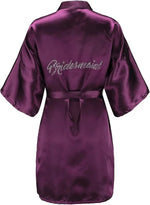 Women's Satin Kimono Robes with Rhinestones Bride Bridesmaid Short Getting Ready Wedding Dressing Gown