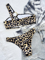 2026 New Sexy Bikini Women Push Up Leopard Hollow Single Shoulder Metal Circles Swimwear Swimsuit Beach Bikinis Set Bathing Suit
