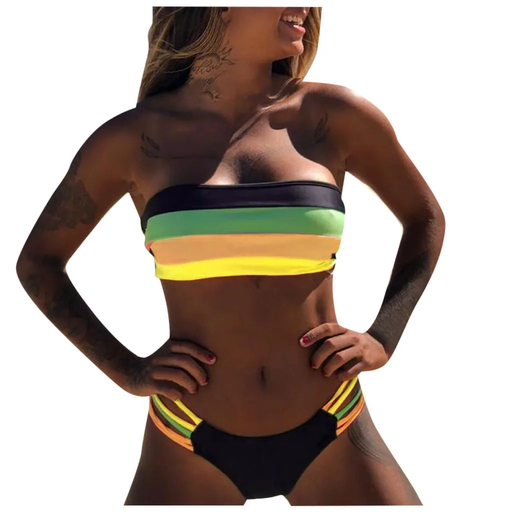 Bikini Swimwear Push-Up Bikinis Sets Colored Stripes Women Bra Padded Beachwear Bathing Suit New 2 Piece Swimsuit 2025 Biquini