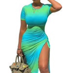 Trendy Printed Slim Midi Dresses Women Fashion Package Hip Bodycon Short Sleeves Drawstring Slit Dress Casual Ladies Streetwear