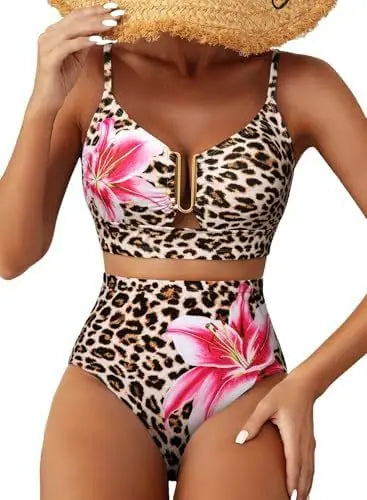 Women Sexy Floral Bikini High Waist Tummy Control Floral Bikini U Line Cross Back Padded Bikini Two Piece Beach Swimsuit