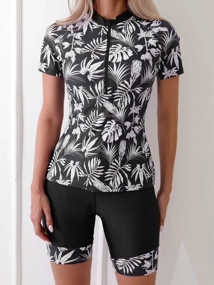 2026 Summer New Women Two-Piece Surfing Suit,fashion Leaf Print Conservative Tankini,Short-sleeve Zipper Swimsuit,beach Swimwear