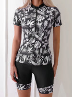 2026 Summer New Women Two-Piece Surfing Suit,fashion Leaf Print Conservative Tankini,Short-sleeve Zipper Swimsuit,beach Swimwear