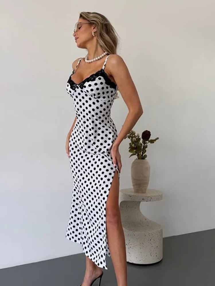 Ahagaga Fashion Women's Polka Dot Dresses Lace Patchwork Camisole Slit Slim Fit Sexy Female Casual Outfit Summer Beach Vestidos