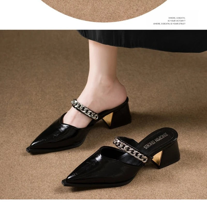 Summer New Baotou Sandals Pointed Toe Shallow Mouth Metal Chain One Slip Strap Anti-slip Outer Wear Square Heel High Heels