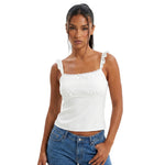 Women Solid Color Lace Trim Cami Tops Slim Flying Sleeve Square Neck Open Back Crop Tops Trendy Summer Streetwear