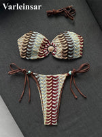 Printed Halter Bandeau Bikini Female Swimsuit Women Swimwear Two-Pieces Bikini Set High Leg Cut Bather Bathing Suit Swim V8338