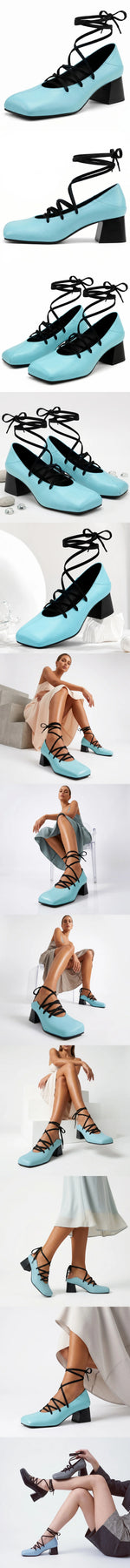 Plus Size 52 Retro Lace Up Ankle Wrap Mary Jane Heels Women Shoes Square Toe Faux Leather Chunky Block Mid Heel Vintage Pumps