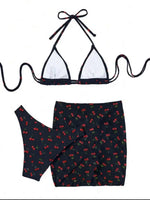 With Mesh Skirt Cherry Printed Bikini Female Swimsuit Women Swimwear Three Pieces Bikini Set Halter Bathing Suit Swim Beachwear