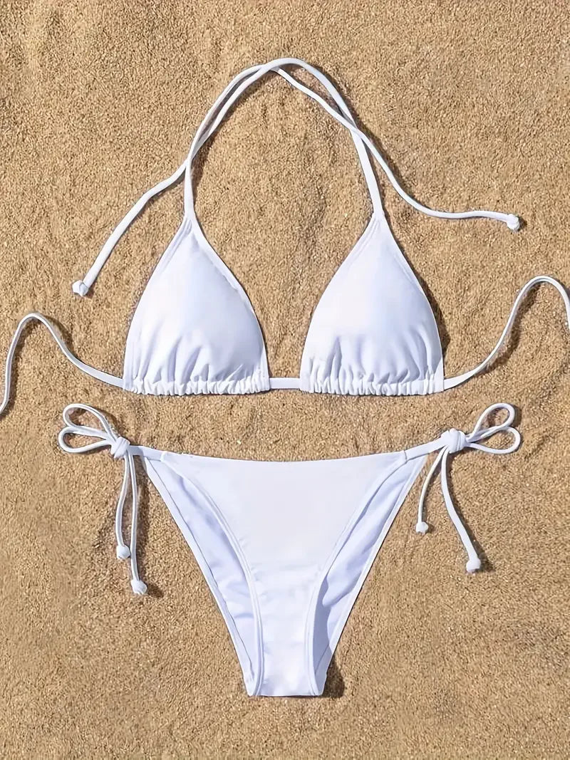 New Women Swimsuit Ribbed Backless Pads Bikini Set Halter Triangle Bra Side Tie Thong Swimwear Beachwear Lady Bathing Suit