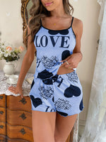 Women's Pink Heart LOVE Print 2 Piece Pajama Set, Spaghetti Strap Cami Top and Ruffle Hem Shorts, Summer Loungewear