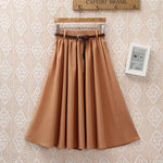 Midi Knee Length Summer Skirt Women With BeltFashion Korean Ladies High Waist Pleated A-line School Skirt Female